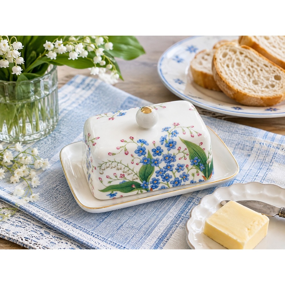 Grace Teaware Porcelain Covered Butter Dish Blue Lilly of the Valley NEW 1/2 Lb